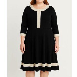 Talbots Woman 1X Black Dress Cream Trim Fit Flare Knit Midi 3/4 Sleeve